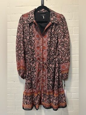 1.STATE NWT Floral Metallic Long Sleeve Tie Waist Mini Dress M Bohemian Festival